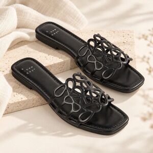 A New Day Fiona Slide Sandals Black Square  Mesh Cutout Flat Slides Womens 7.5